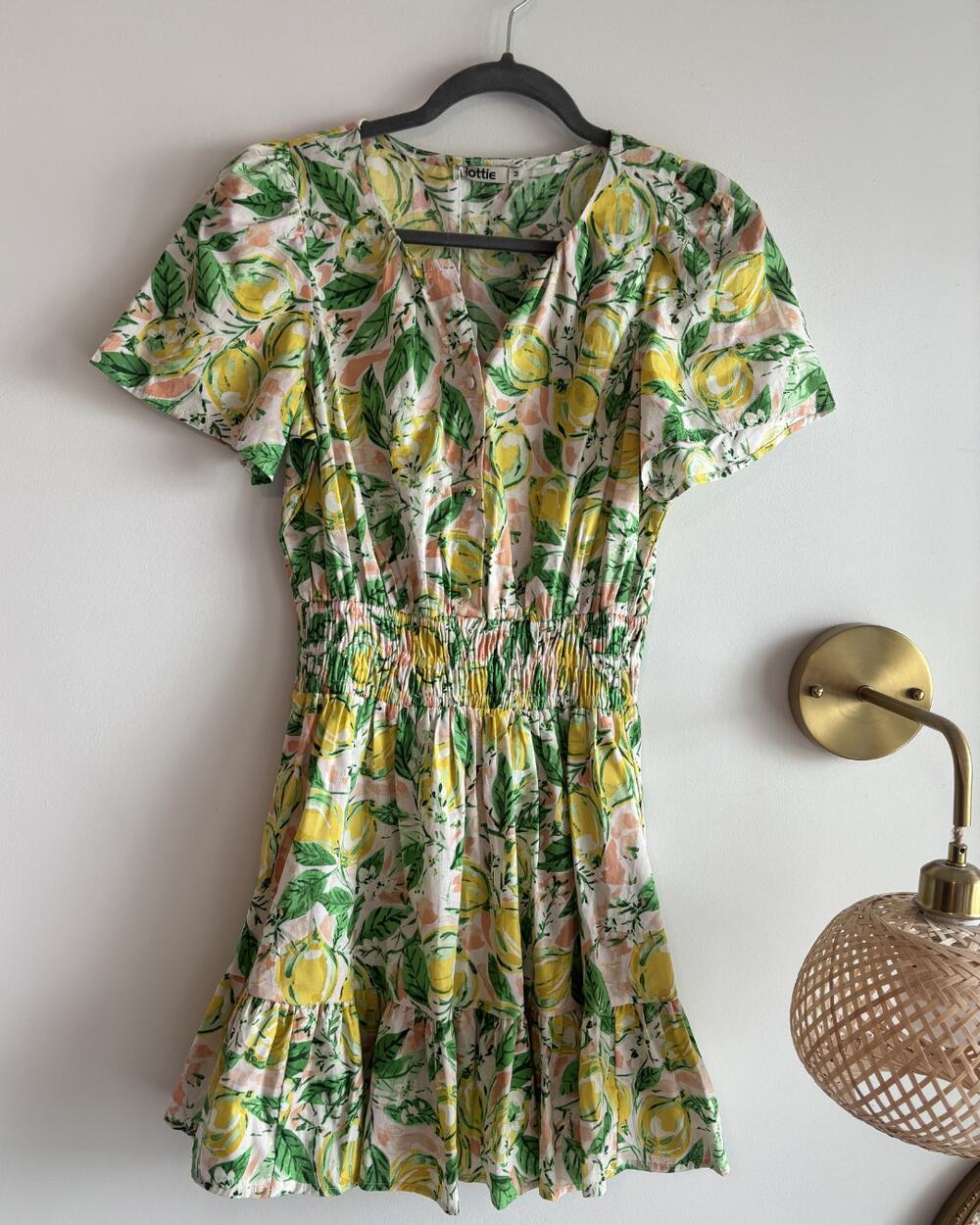 Lottie Lemon Print Smocked Waist Mini Dress NWT Size Medium